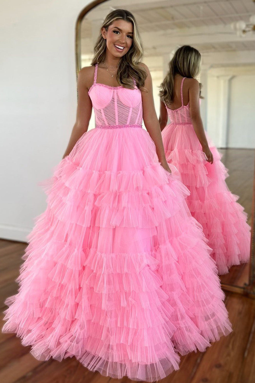 Cute Pink A-Line Spaghetti Straps Long Tiered Tulle Prom Dress - FashionDia