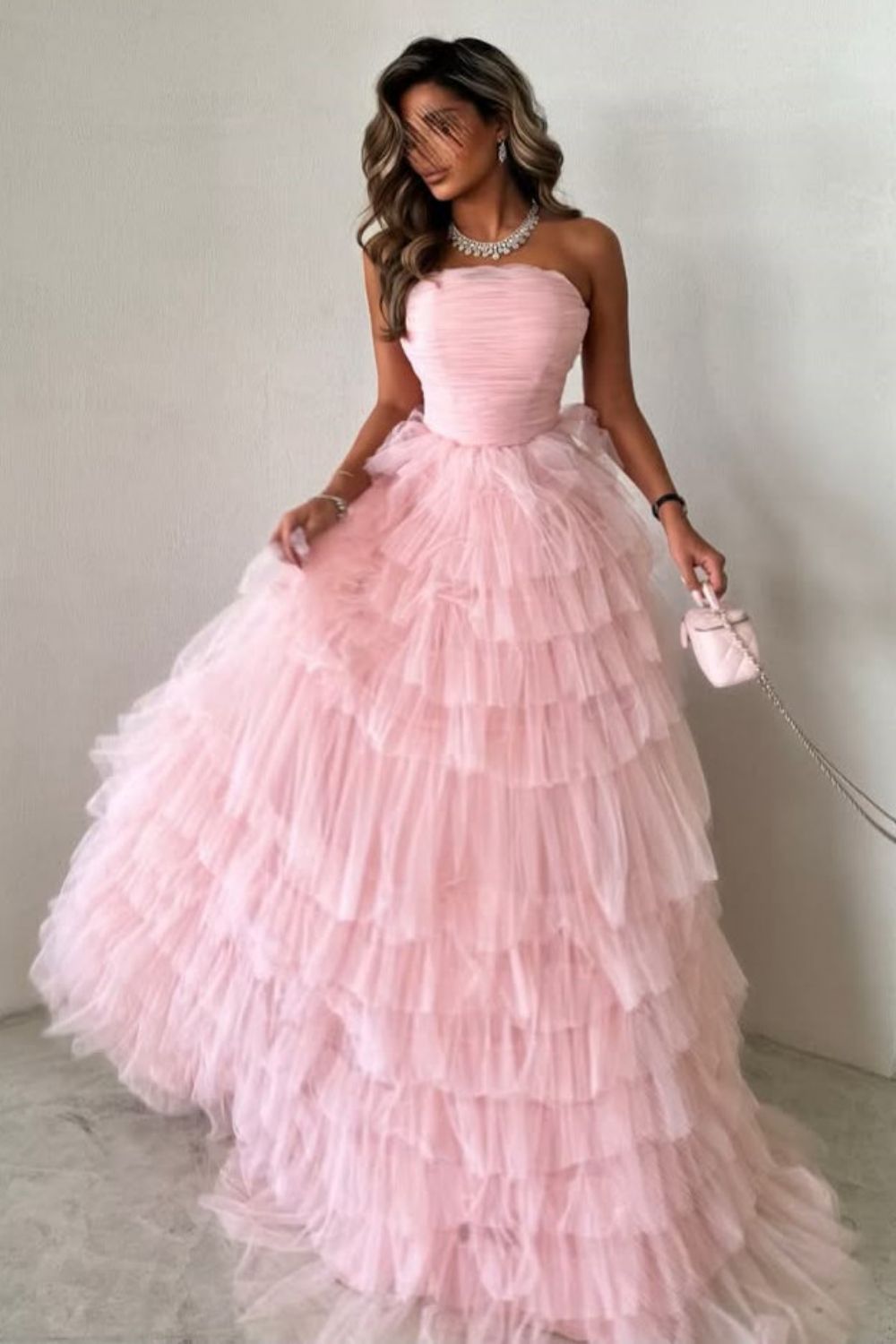 Cute Pink A-Line Strapless Lace Up Long Layered Tulle Prom Dress