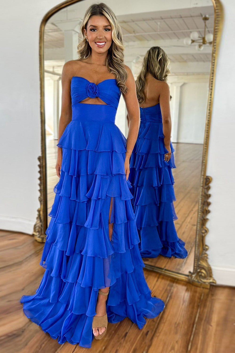 Cute Royal Blue A-Line Strapless Long Tiered Prom Dress with Slit - FashionDia