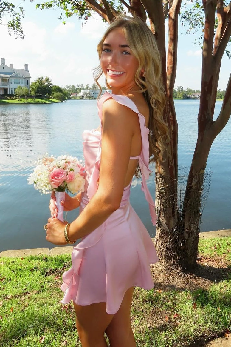 Cute Sheath Square Neck Pink Short Homecoming Dress with Backless