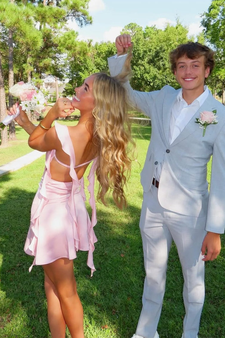 Cute Sheath Square Neck Pink Short Homecoming Dress with Backless