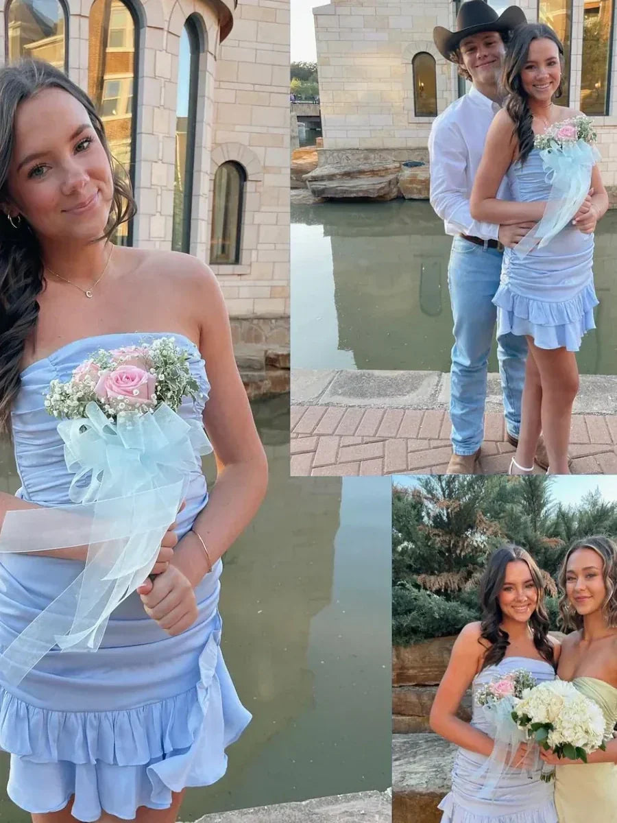 Cute Sheath Strapless Light Blue Short Homecoming Dress with Ruffles