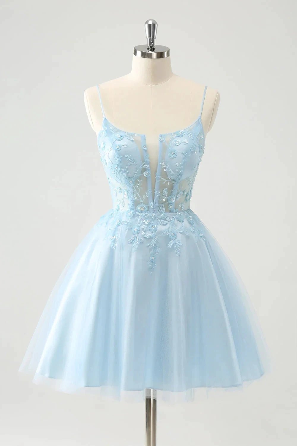 Cute A Line Spaghetti Straps Corset Short Blush Homecoming Dress with Appliques (ZD11490)