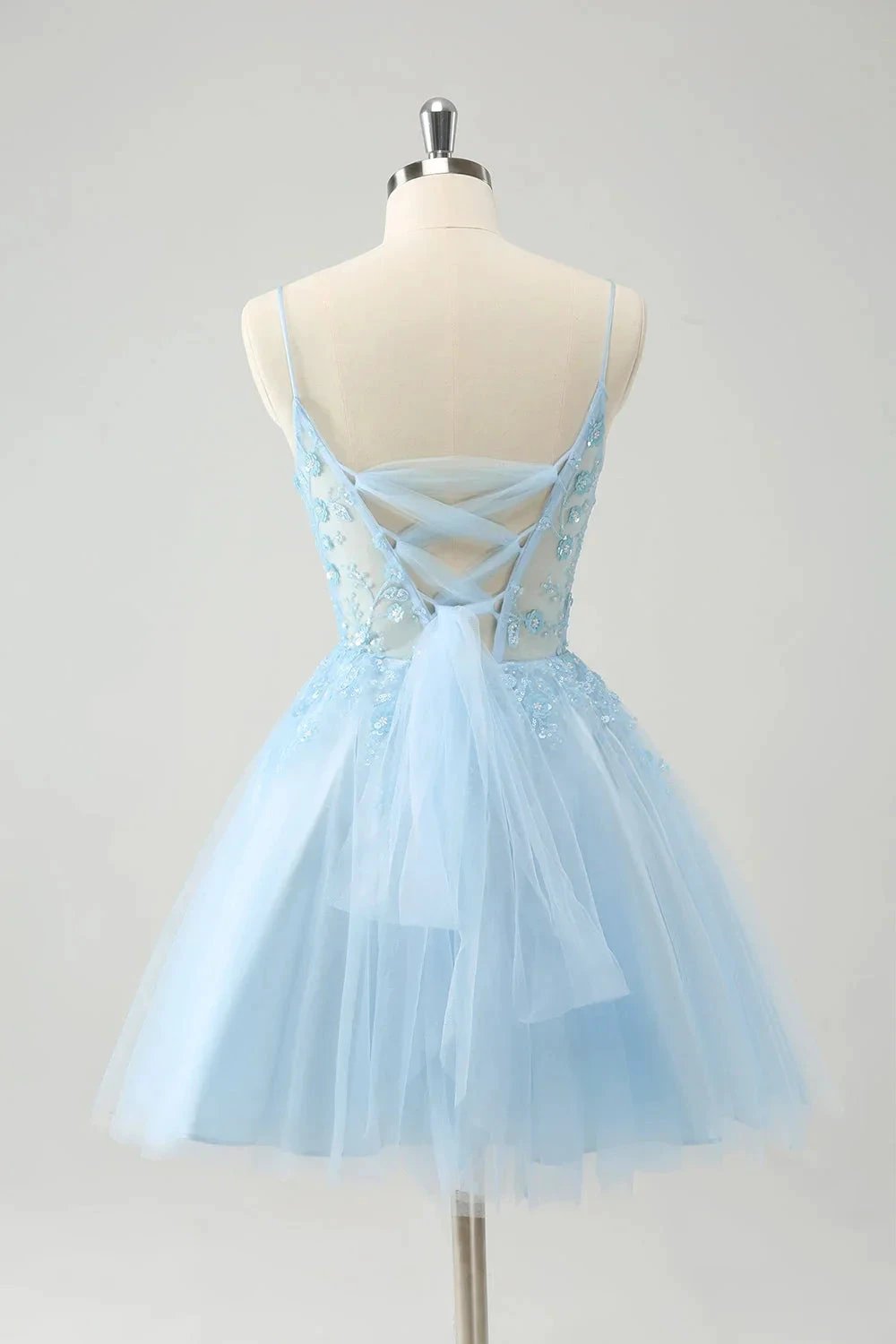 Cute Blush A Line Spaghetti Straps Corset Short Homecoming Dress with Appliques (ZD11474)