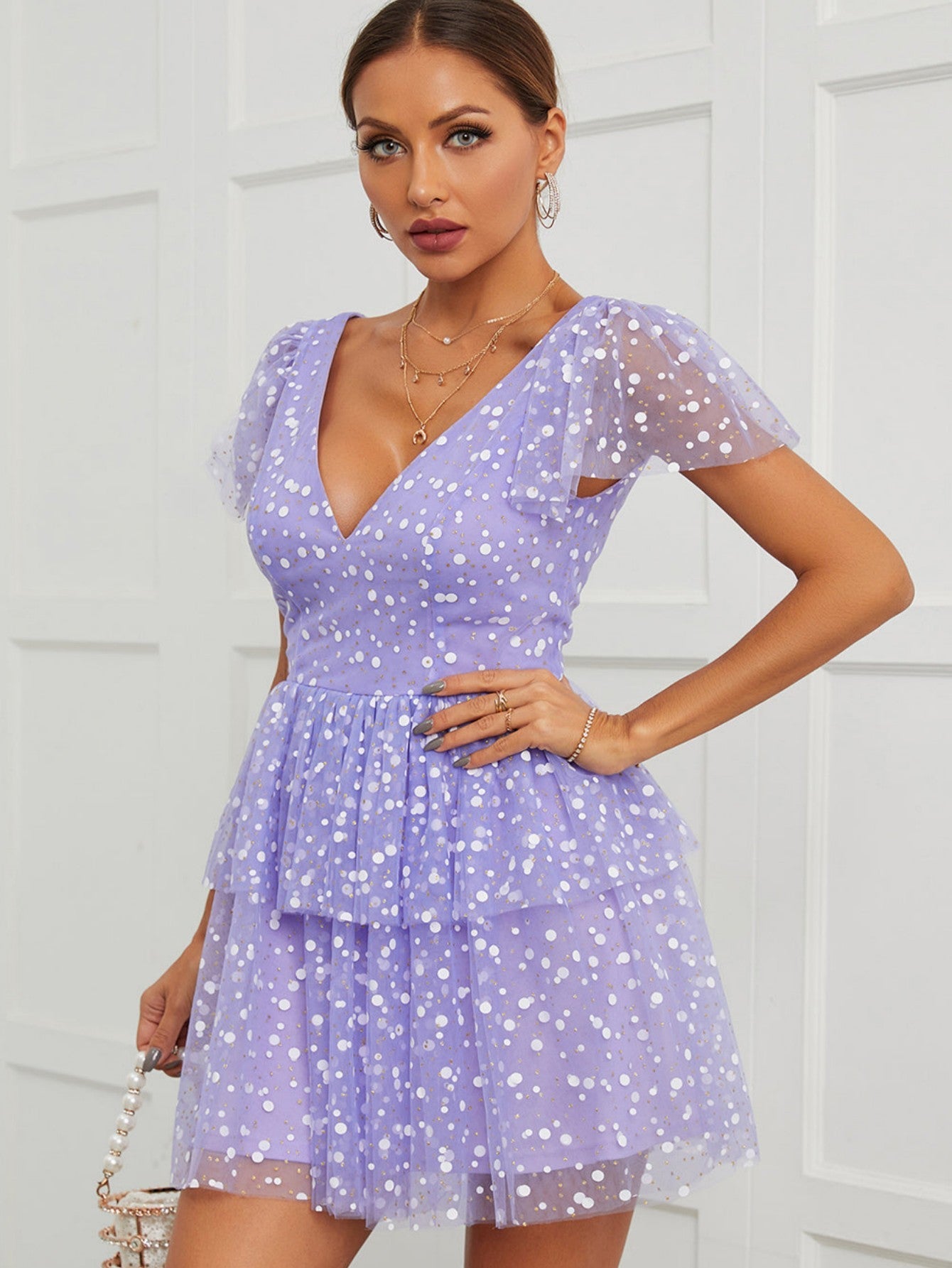 Champagne A Line V Neck Short Graduation Homecoming Party Dress - Fashionpara