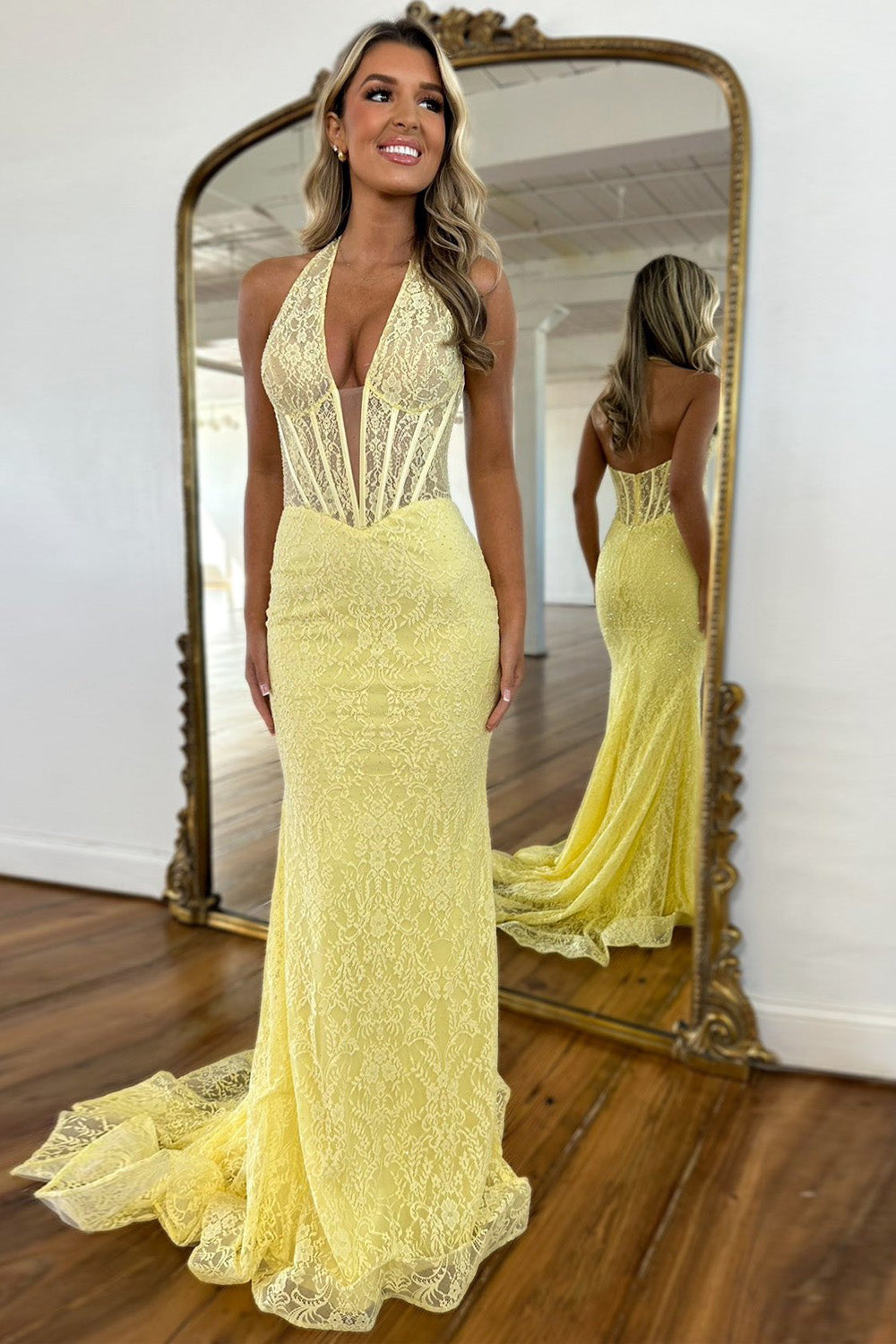 Cute Yellow Mermaid Halter Neck Backless Long Lace Prom Dress - FashionDia