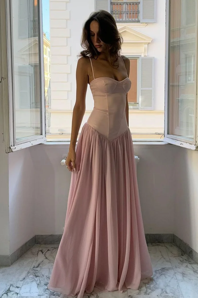Cute A Line Spaghetti Straps Light Pink Long Prom Dress with Ruffles