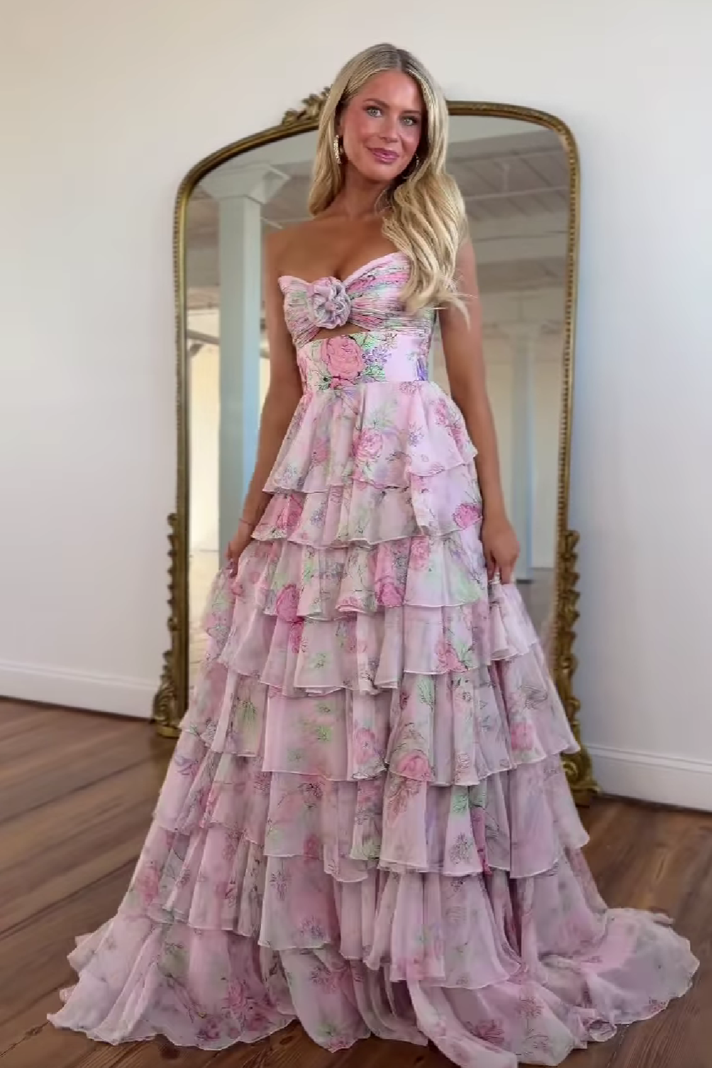 Cute Royal Blue A-Line Strapless Long Tiered Prom Dress with Slit