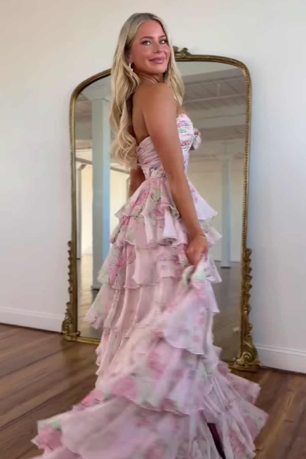 Sweety A-Line Sweetheart Pink Printed Long Tiered Prom Dress with Slit