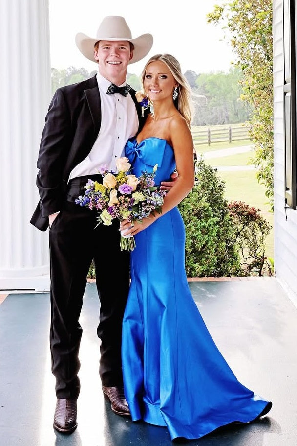 Cute Red Mermaid Strapless Long Satin Prom Dress with Slit and Bowknot