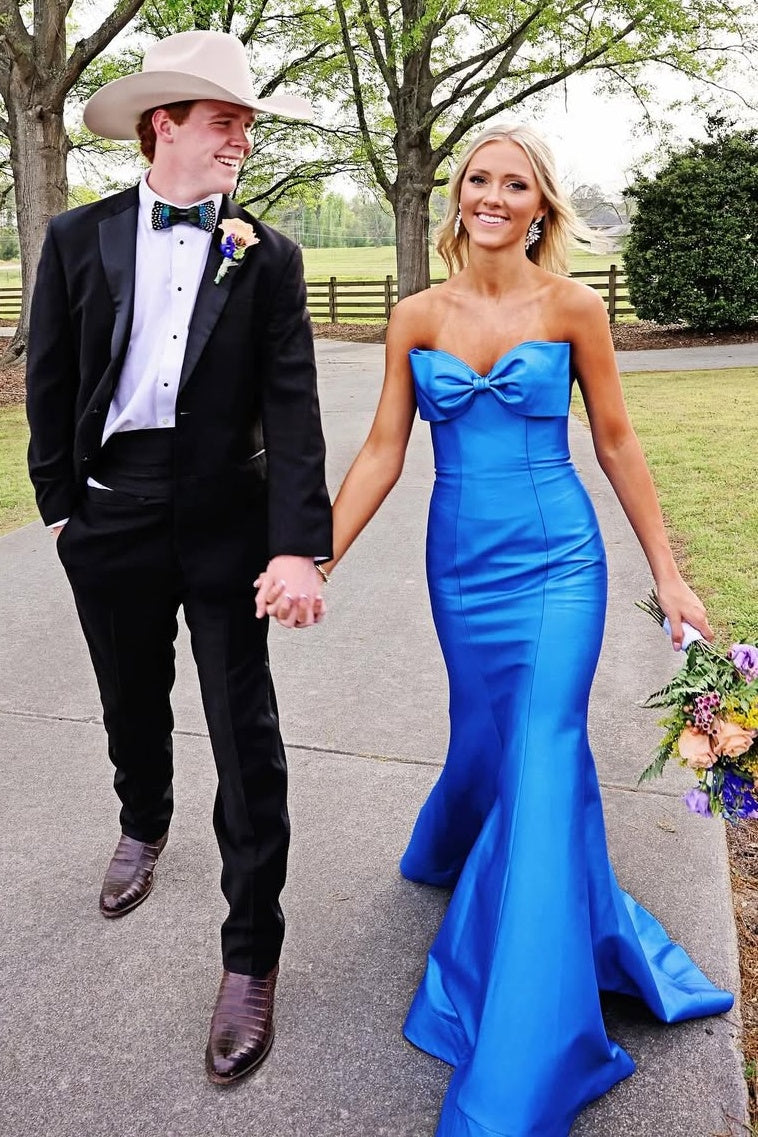 Cute Red Mermaid Strapless Long Satin Prom Dress with Slit and Bowknot