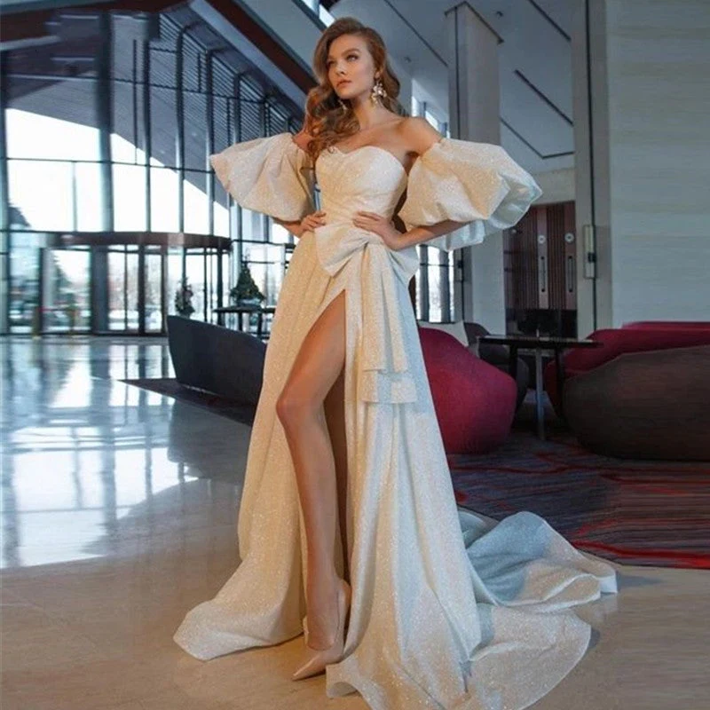 Sparkle Sweetheart White A-Line Evening Dress Elegant Women Prom Dress Off-the-Shoulder Bow Split Puffy Sleeves - View 3 | FashionDia