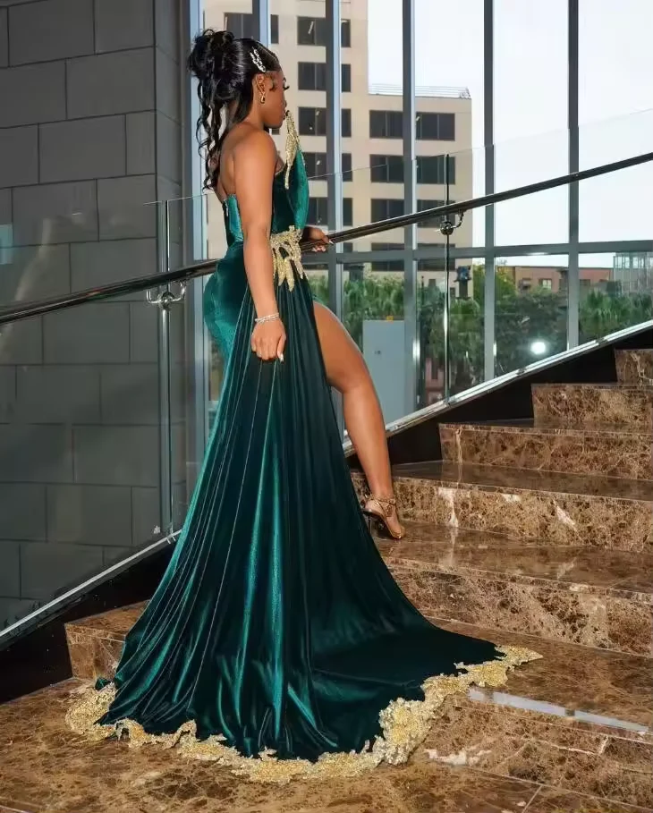 Sexy Halter Velvet Lace Appliques Evening Dress,Green Slit Party Dress Evening Gown - View 2 | FashionDia