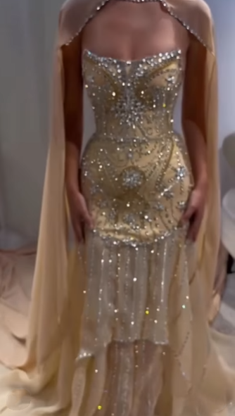 Glitter Yellow Chiffon Sequin Beaded Mermaid Evening Dress Long Birthday Prom Gown - View 4 | FashionDia