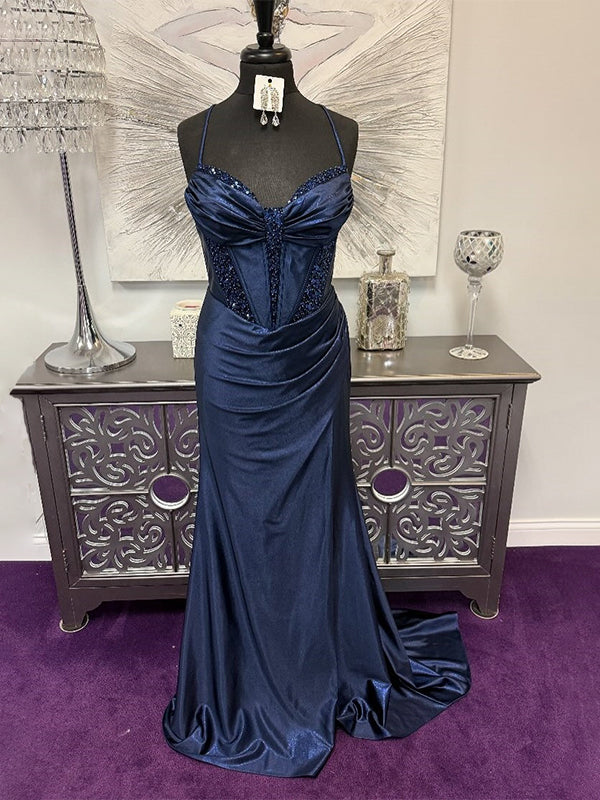 Green Mermaid Spaghetti Strap Beaded Prom Dress with High Slit