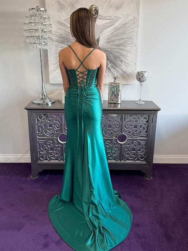 Green Mermaid Spaghetti Strap Beaded Prom Dress with High Slit - View 2 | FashionDia