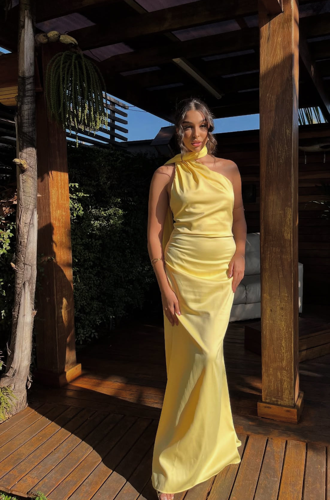 Halter Yellow Mermaid Long Prom Dress Wedding Guest Dress