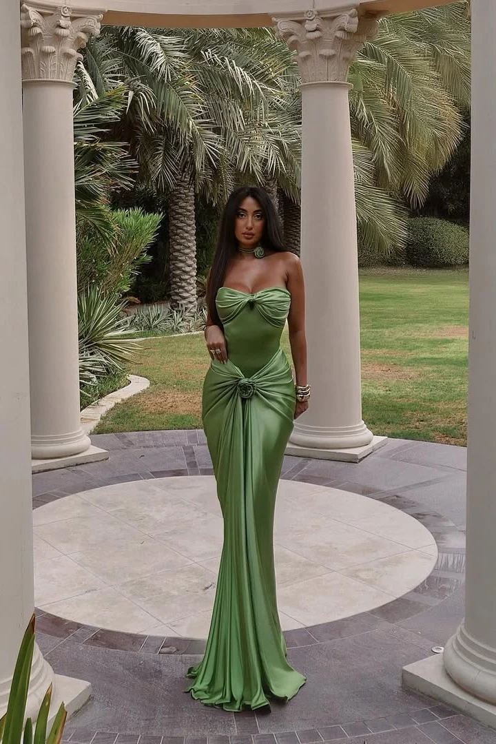 Modest Mermaid Sweetheart Sage Green Long Satin Prom & Evening Dress - View 8 | FashionDia