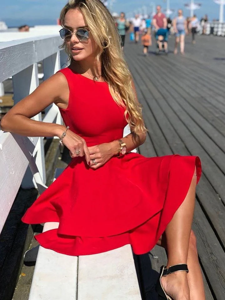 Round Neck Layered Short Red Dresses, Short Red Formal Graduation Homecoming Dresses - FashionDia