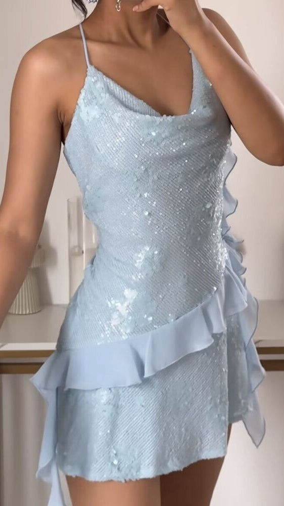 Cute Blue Halter Sequin Chiffon Ruffles Short Birthday Outfits Formal 8th Grade Homecoming Dress - FashionDia