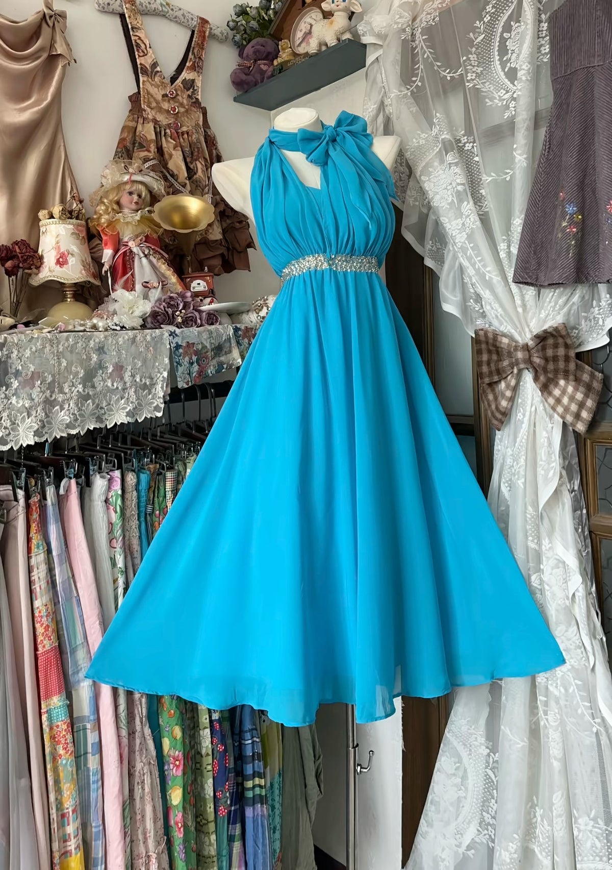 V-Neck Blue Prom Dress Chiffon Vintage Evening Party Dress
