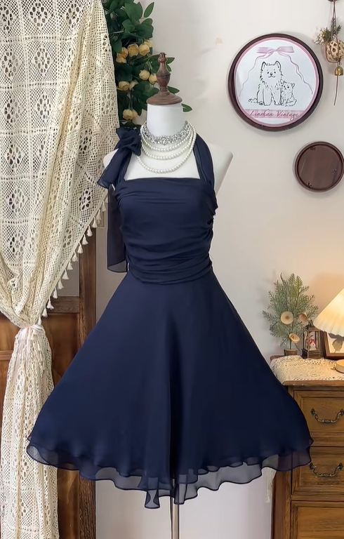 Stylish Navy Blue Chiffon A-Line Homecoming Dress Halter Cocktail Dress - View 3 | FashionDia