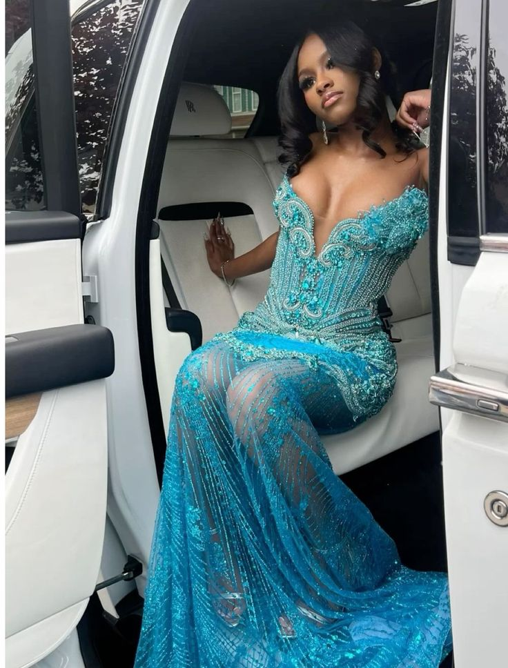 Luxurious Strapless Blue Tulle Sequin Beaded Mermaid Evening Dress Long Party Gown