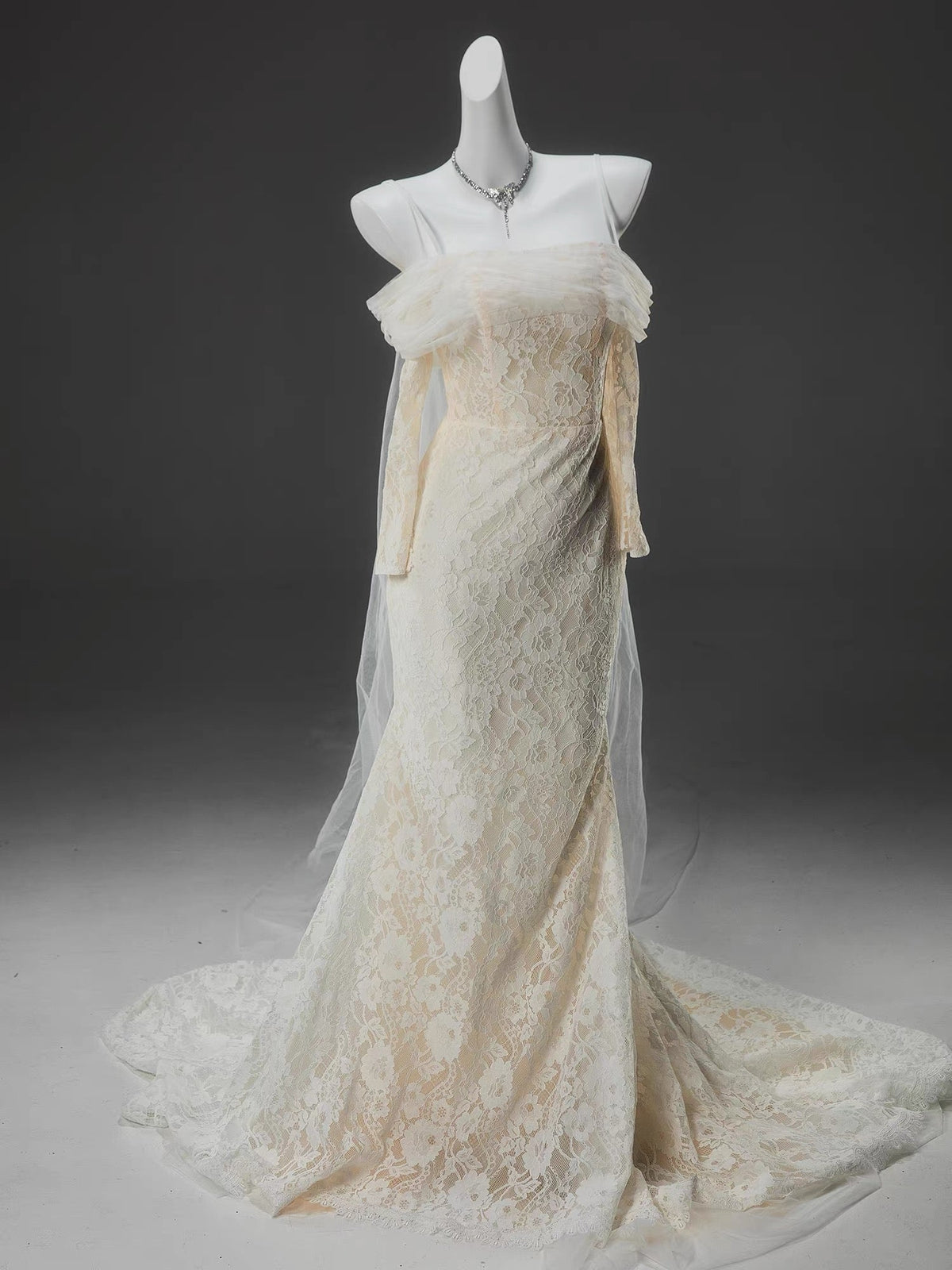 Off Shoulder Mermaid Long Sleeves Wedding Dress Lace Evening Dress J8433