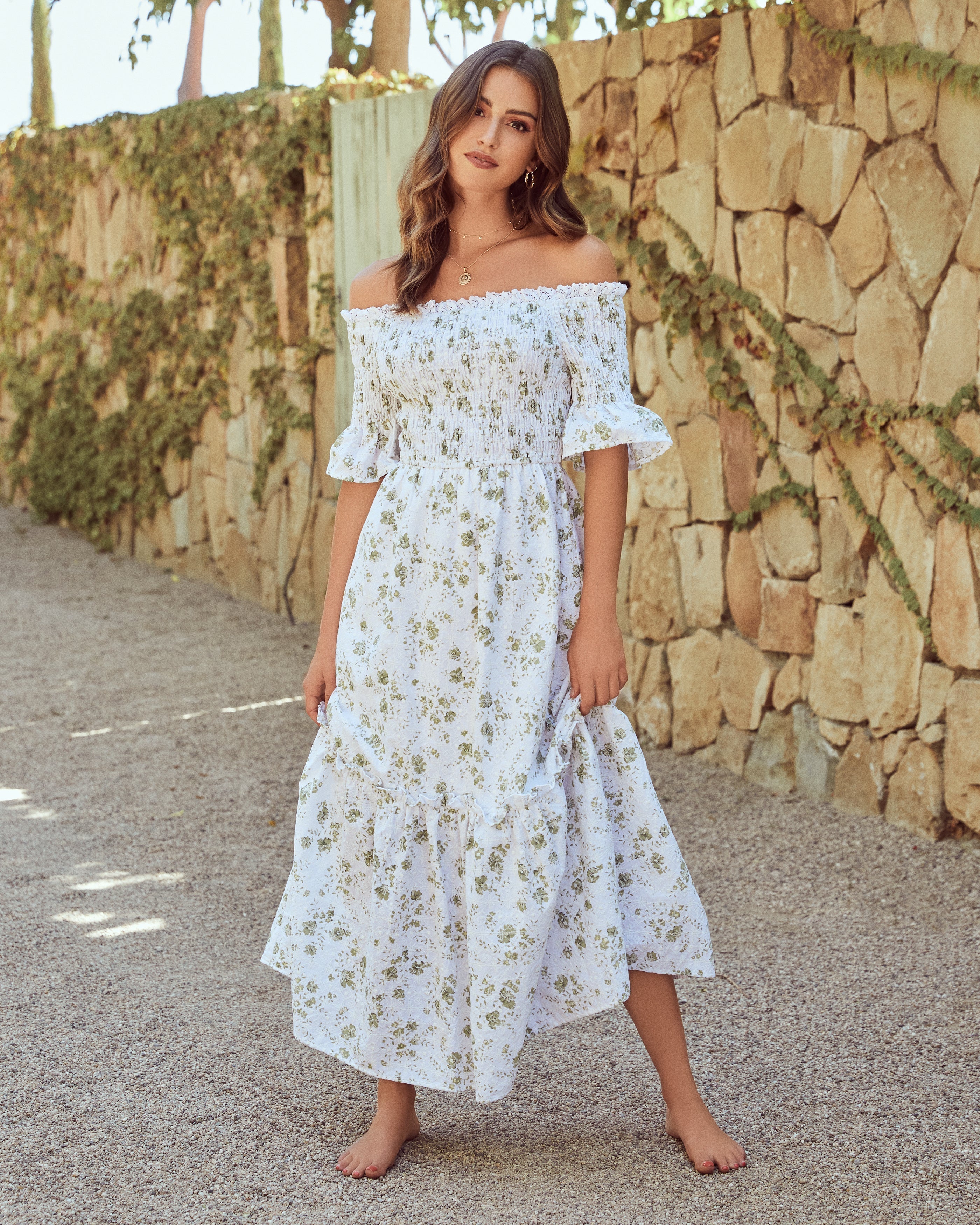 Dasha Cotton Floral Off The Shoulder Maxi Dress Sage FINAL