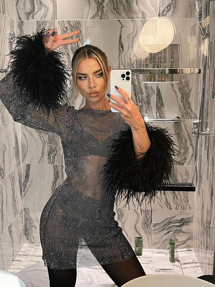Brienne Metallic Sheer Cuff Feather Mini Dress