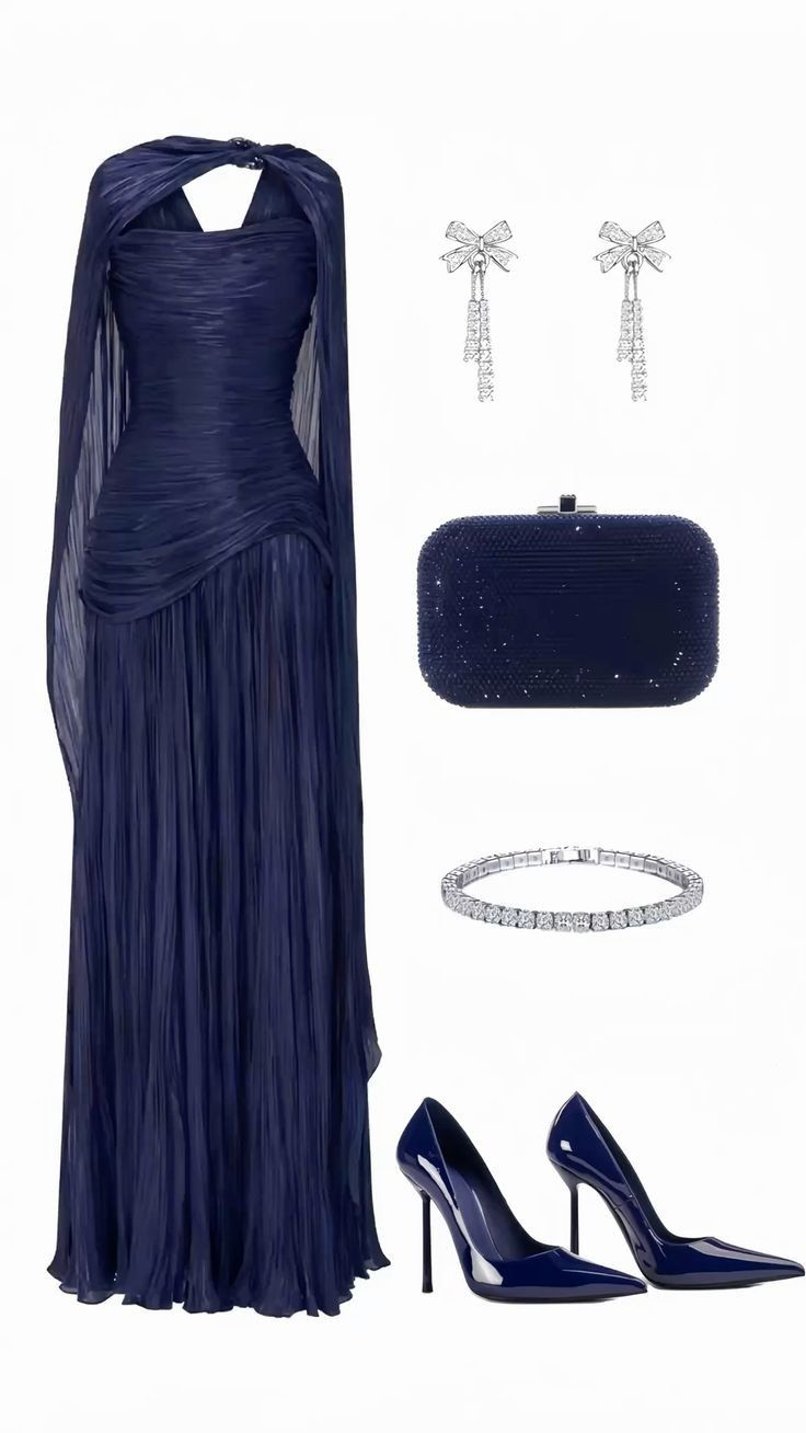 Charming Navy Blue Chiffon Pleated Long Wedding Guest Dress Formal Evening Dress - FashionDia