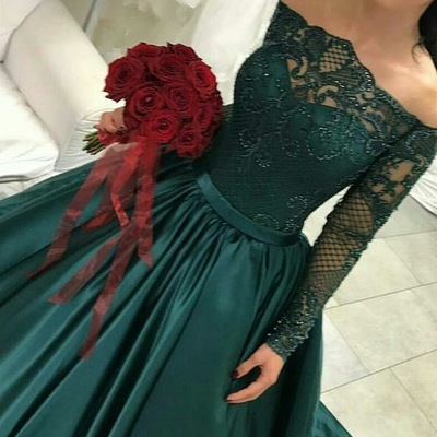 modest dark green party dress, Off-the-Shoulder prom dresses,prom dress with long sleeves, evening gowns with lace - View 6 | FashionDia
