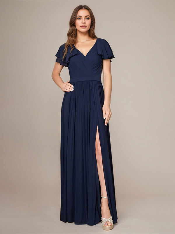 Navy A Line Chiffon V Neck Short Sleeves Floor-Length Bridesmaid Dresses