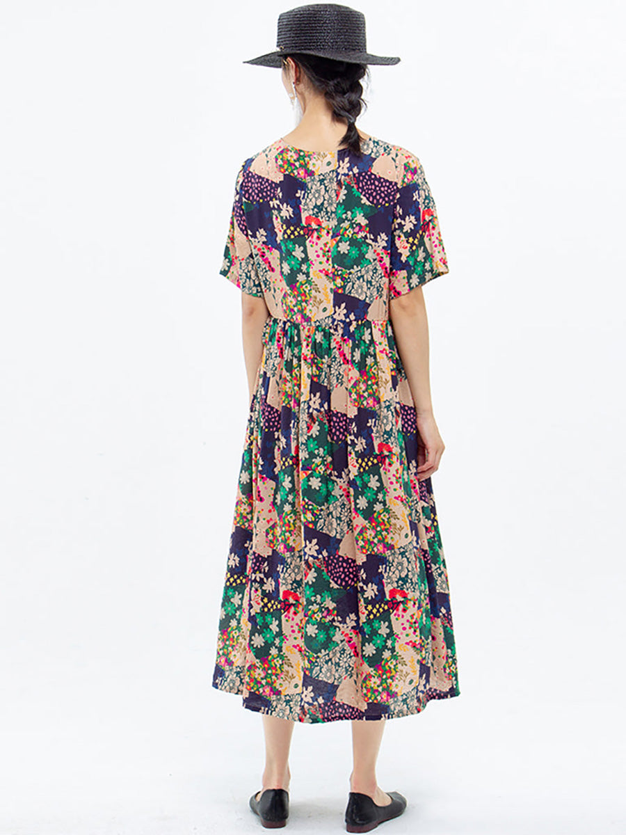 Women Floral Print Summer Loose Dress Short Sleeve