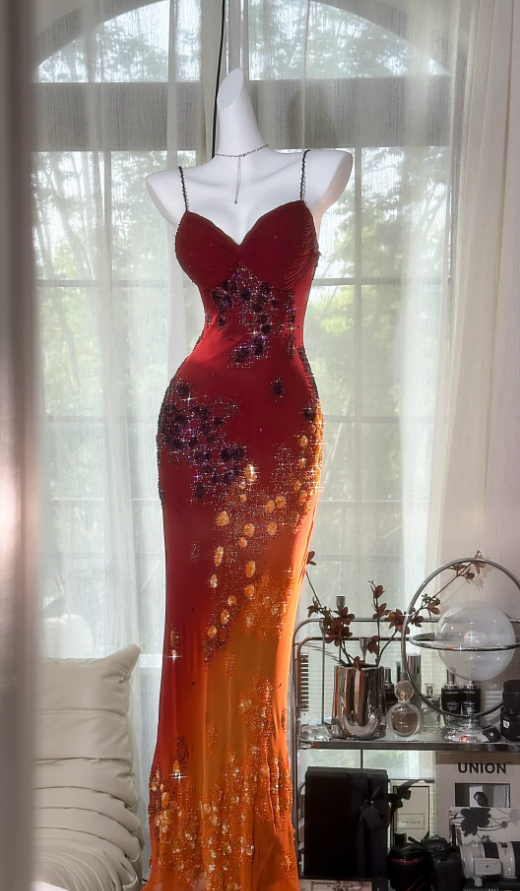 Vintage Spaghetti Straps Ombre Orange Chiffon Sequin Beaded Mermaid Long Party Dress Evening Gown