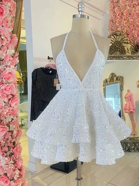 Cute A-line White Sequins Homecoming Dress White Party Dress Y2154 by simplepromdress