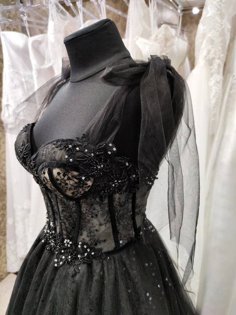 Sparkly black prom dress night corset neckline fairy tale tulle princess bride bridal gothic dark queen night alternative bride - View 3 | FashionDia