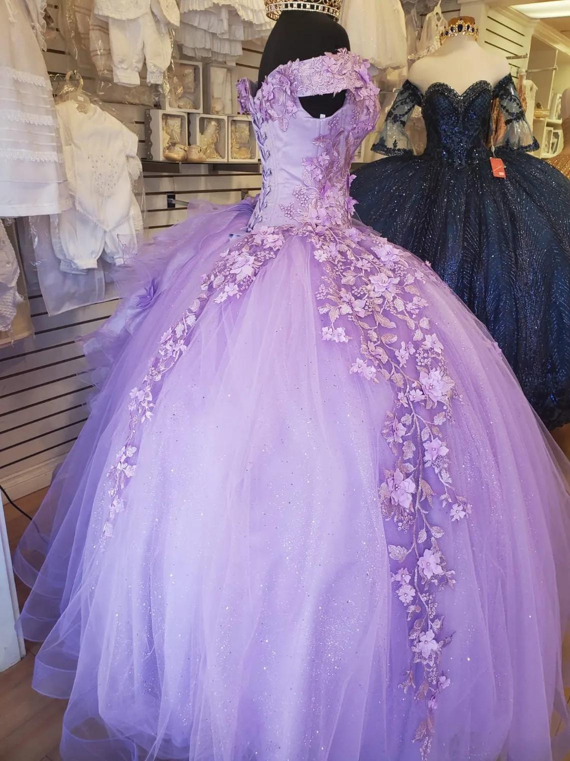 Off-The-Shoulder Lavender Tulle Quinceanera Dresses Flowers Ball Gown Sweet 15 - View 3 | FashionDia