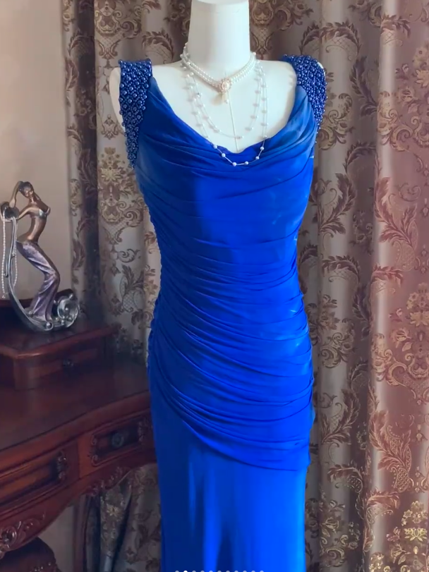 Sexy Royal Blue Tulle Pleated Beaded Mermaid Long Wedding Guest Dress Evening Dress - View 4 | FashionDia