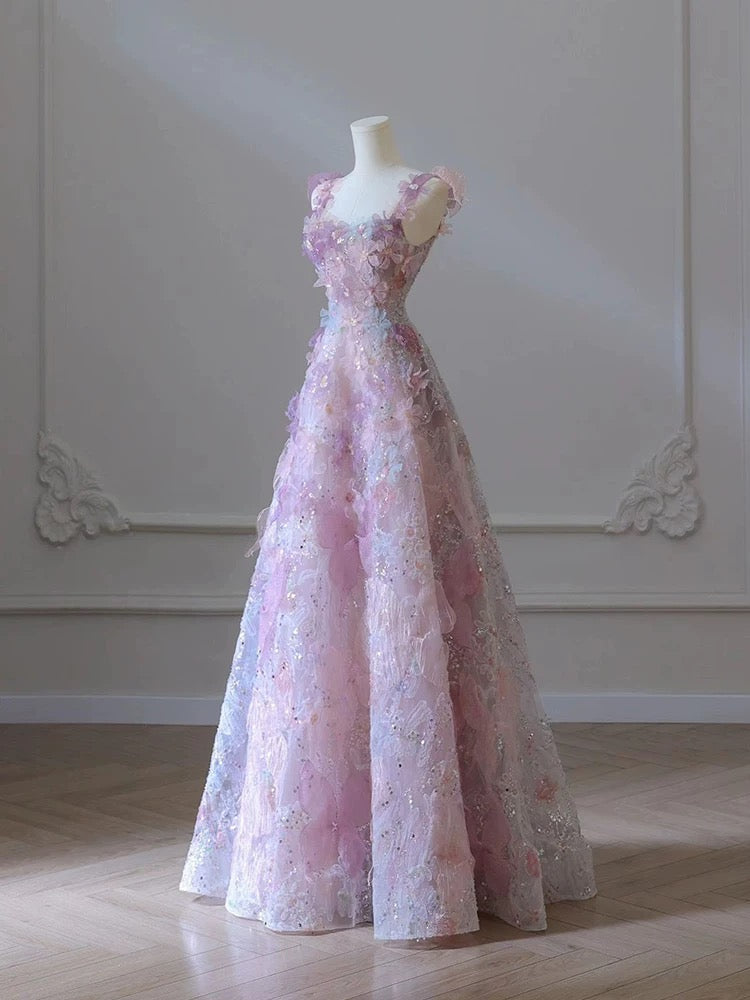 A-Line 3D Floral lace skirt tulle bodice Floor-Length prom dresses - View 5 | FashionDia