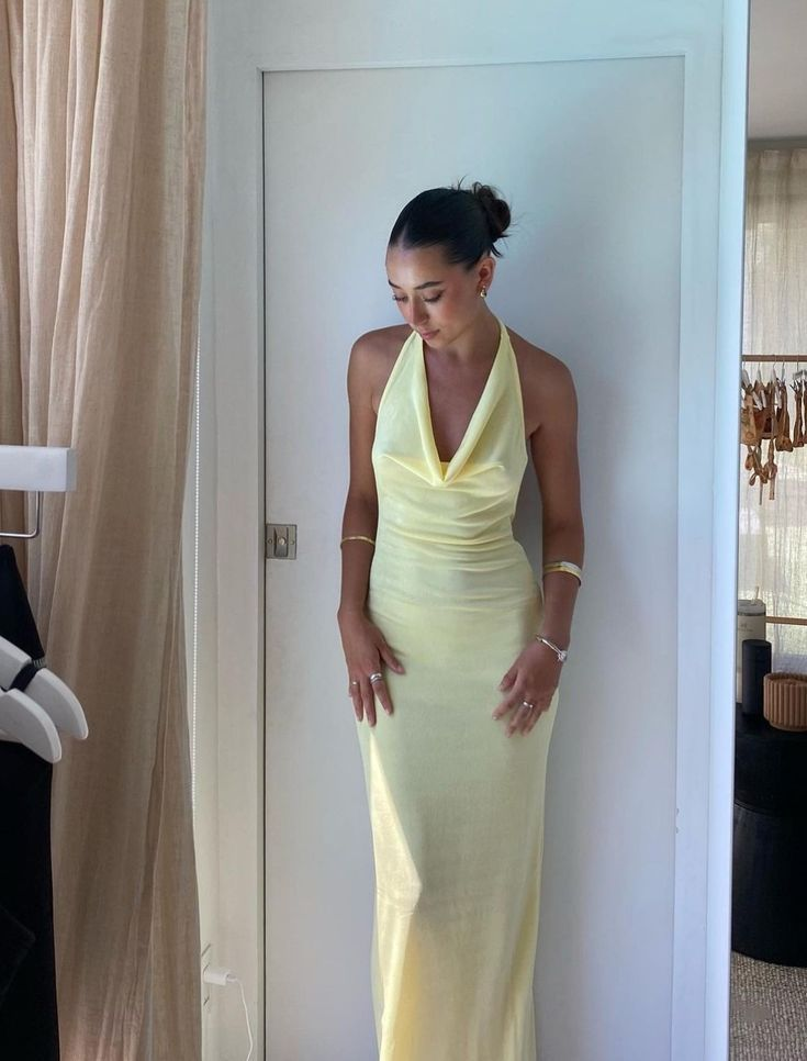 Yellow Halter Sheath Long Prom Dress Party Gown