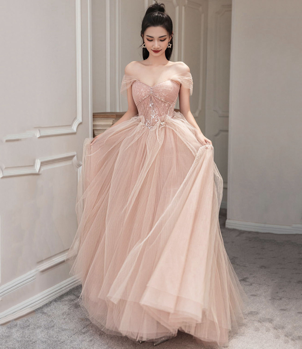 Pink Tulle Long Prom Dress Pink Evening Dress Y1825 - View 4 | VelvetHem