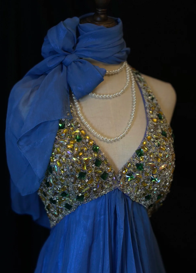 Vintage Blue Halter Beaded A-Line Mini Party Dress Homecoming Dress Cocktail Dress - View 2 | FashionDia