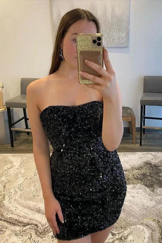 Beautiful Black Strapless Sequins Short Homecoming Dresses by Ombreprom