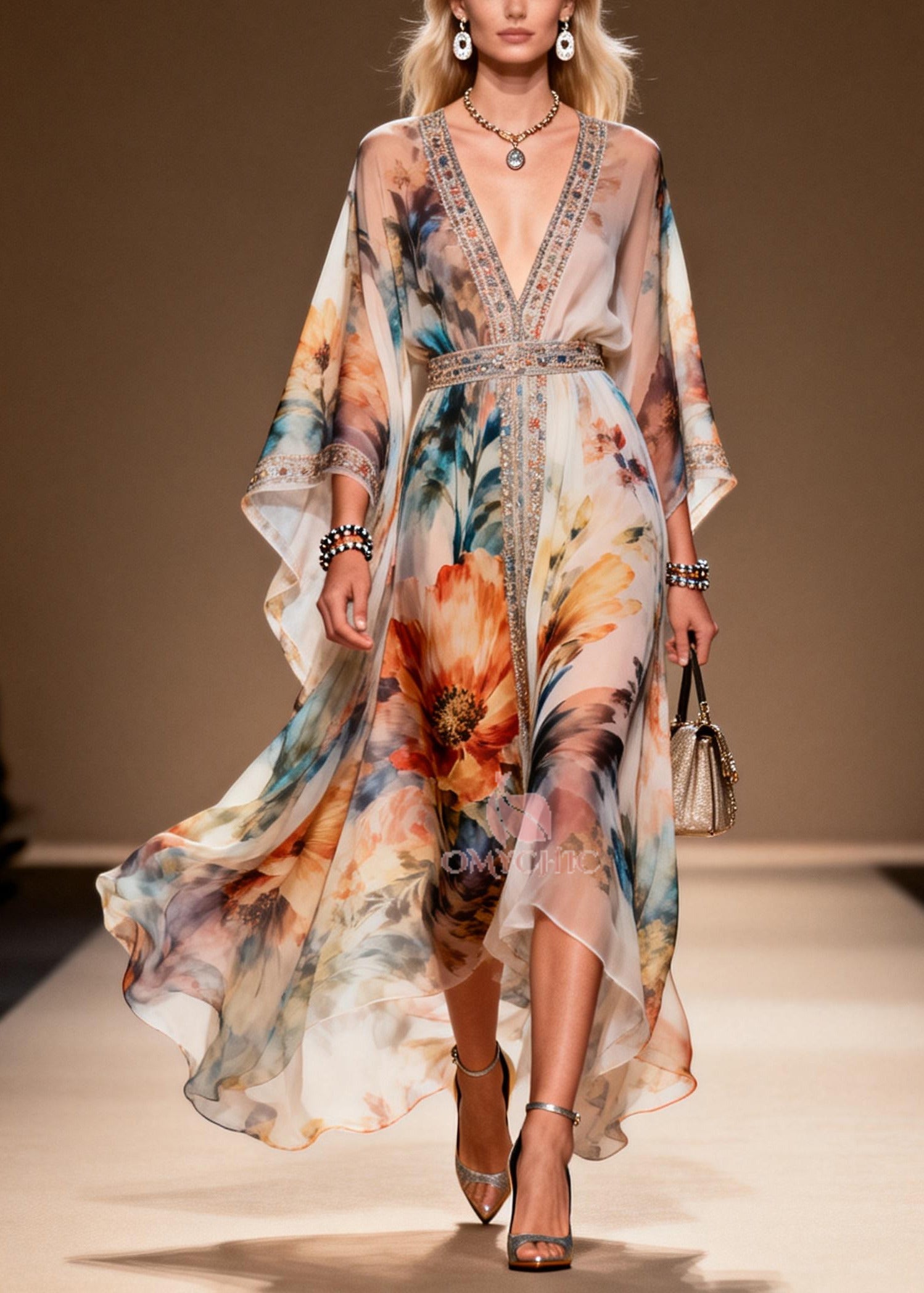 DIY Apricot Print Rhinestone Chiffon Party Dresses Summer