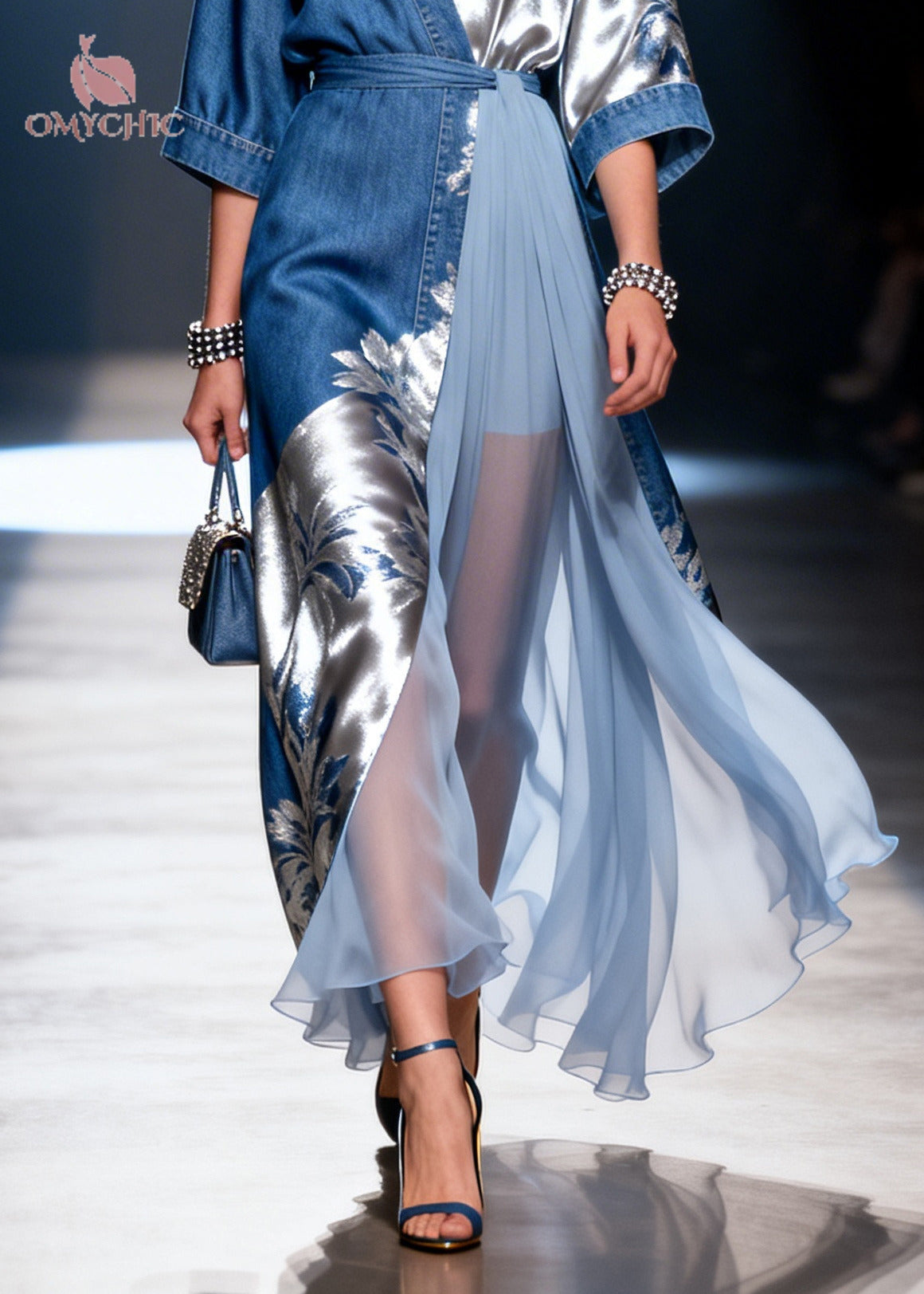DIY Denim Blue Print Asymmetrical Patchwork Tulle Dress Summer