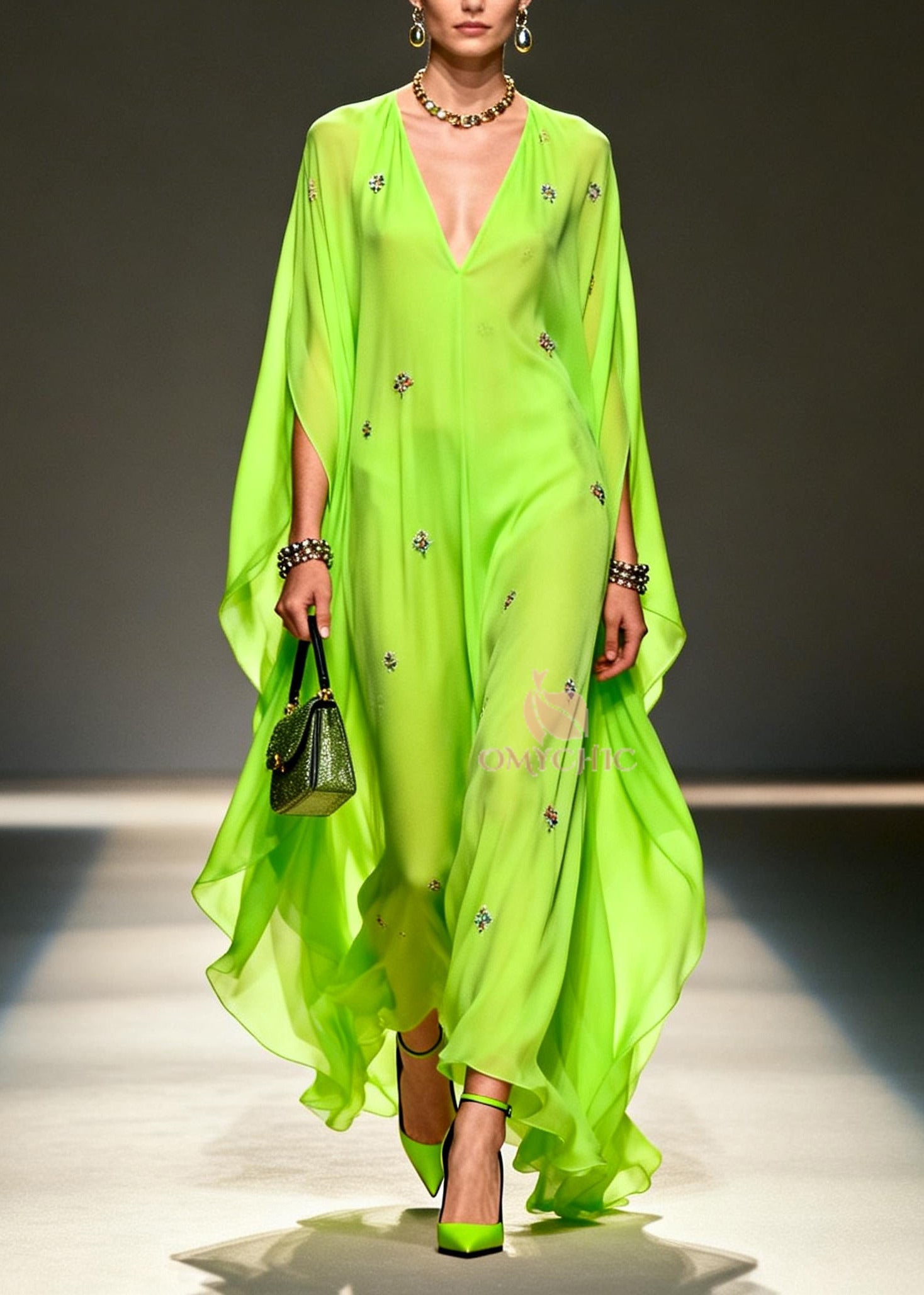 DIY Fluorescent Green Embroidered Chiffon Maxi Dresses Batwing Sleeve