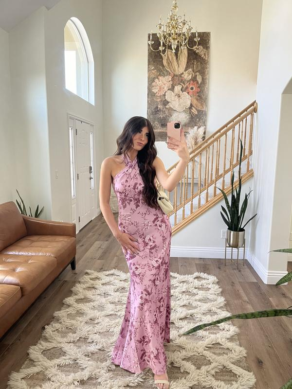 Elegant Pink Halter Satin Print Floral Long Evening Dress Party Gown - View 2 | FashionDia