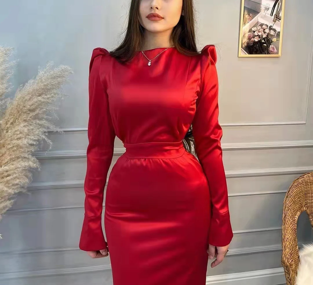 Modest Red Long Sleeves Evening Dress Simple Red Prom Dress Y6564 - View 3 | VelvetHem