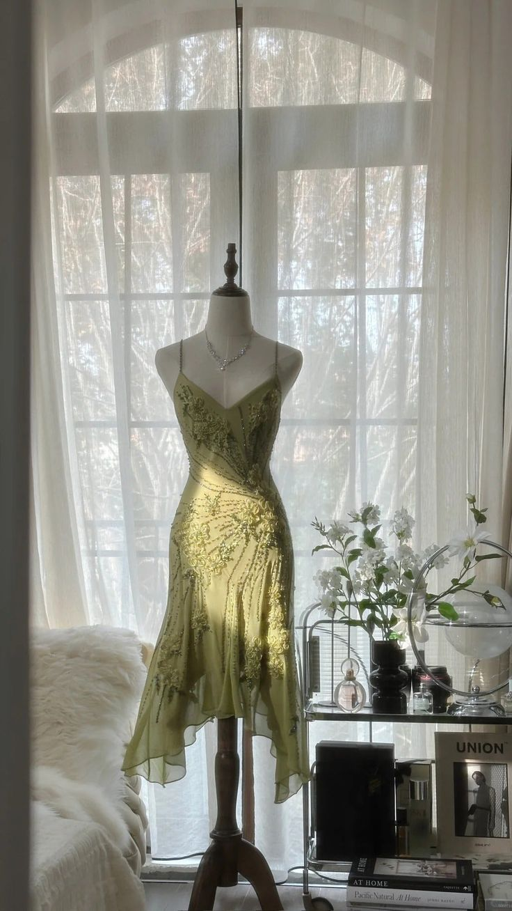Vintage Green Chiffon Beaded Birthday Dress Homecoming Dress